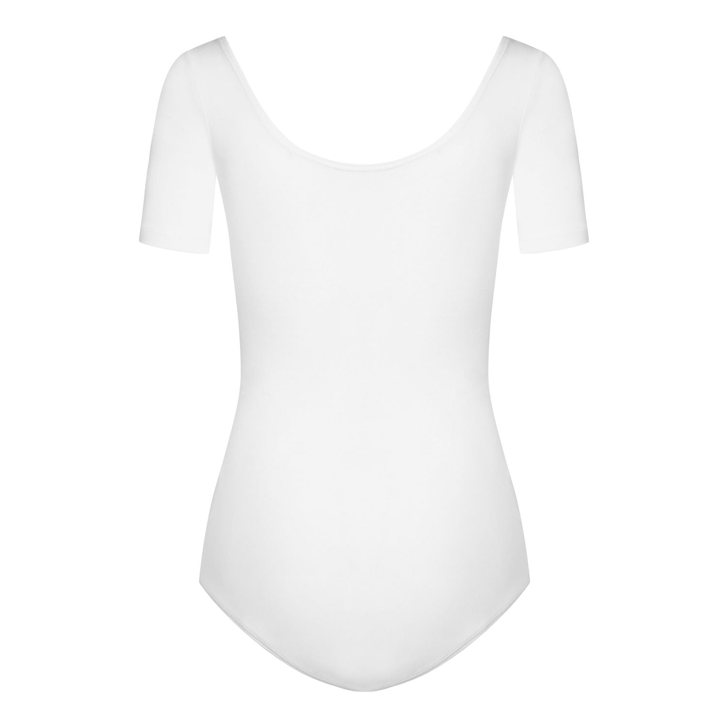 Der weiße Kurzarm-Trikotanzug Rumpf R3100 mit U-Ausschnitt am Rücken ist perfekt, um den Ballett-Body-Look zu erzielen.